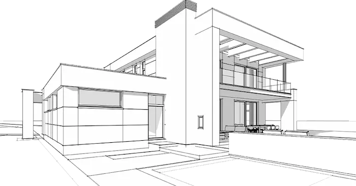 Illustration of a two-story microcement house with stairs at the entrance